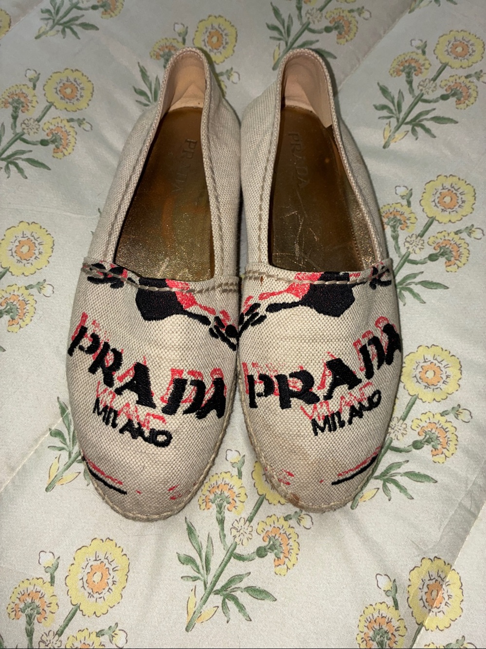 Prada Natural Canvas Espadrilles with Black and Coral Print authentic Prada